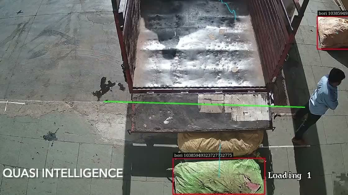 Overhead CCTV of a truck at a dispatch bay; each sack is counted as it crosses the line.